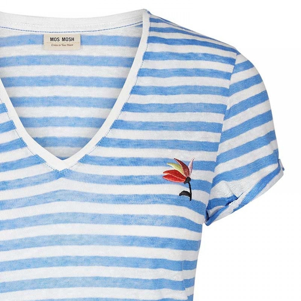 Mos Mosh bluse - Kenia Flower Stripe Tee, Ultramarine