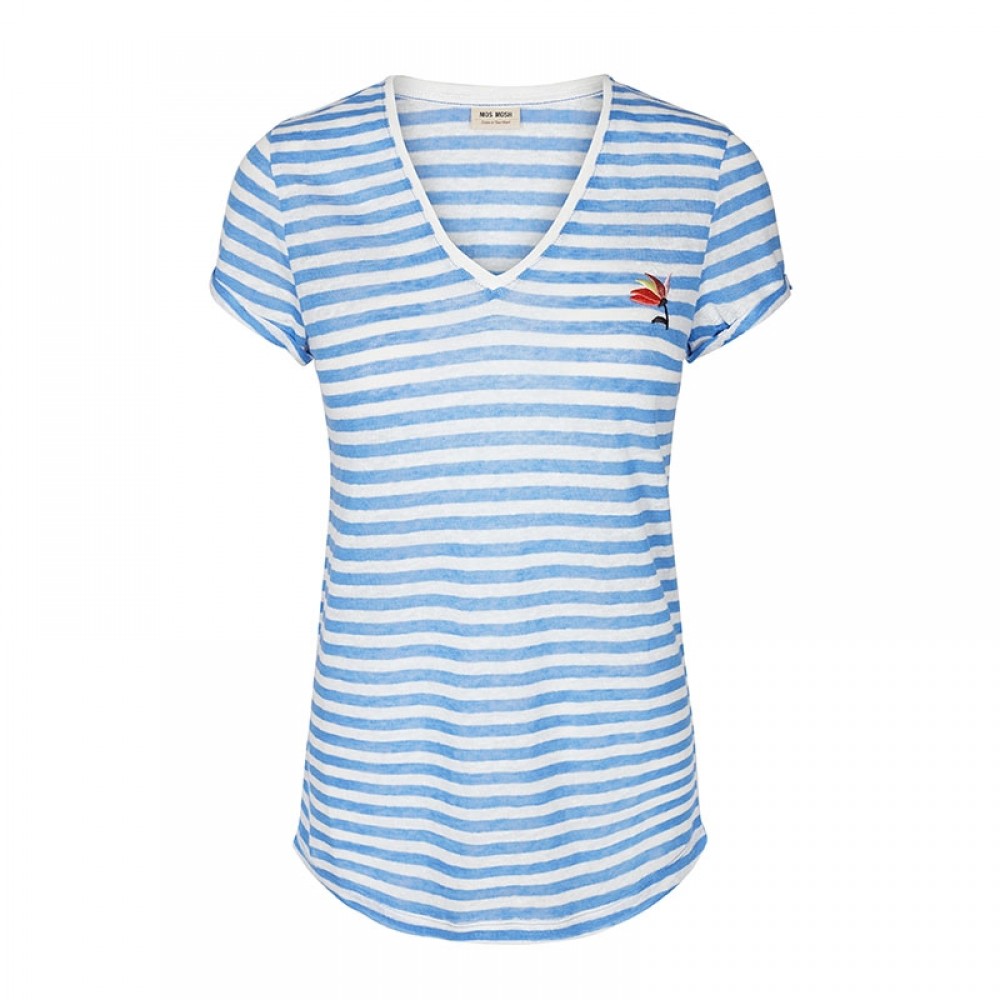 Mos Mosh bluse - Kenia Flower Stripe Tee, Ultramarine
