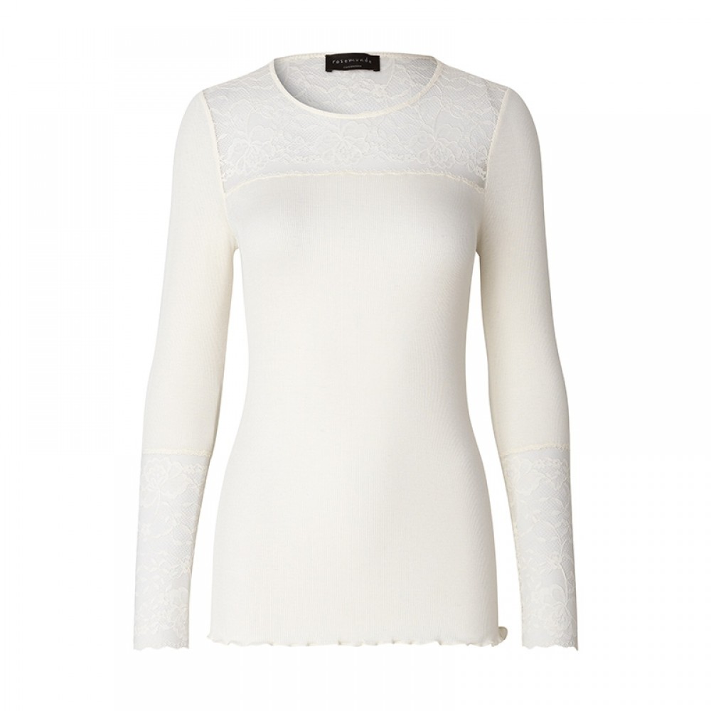 Rosemunde bluse - Silk T-shirt LS With Lace, Ivory