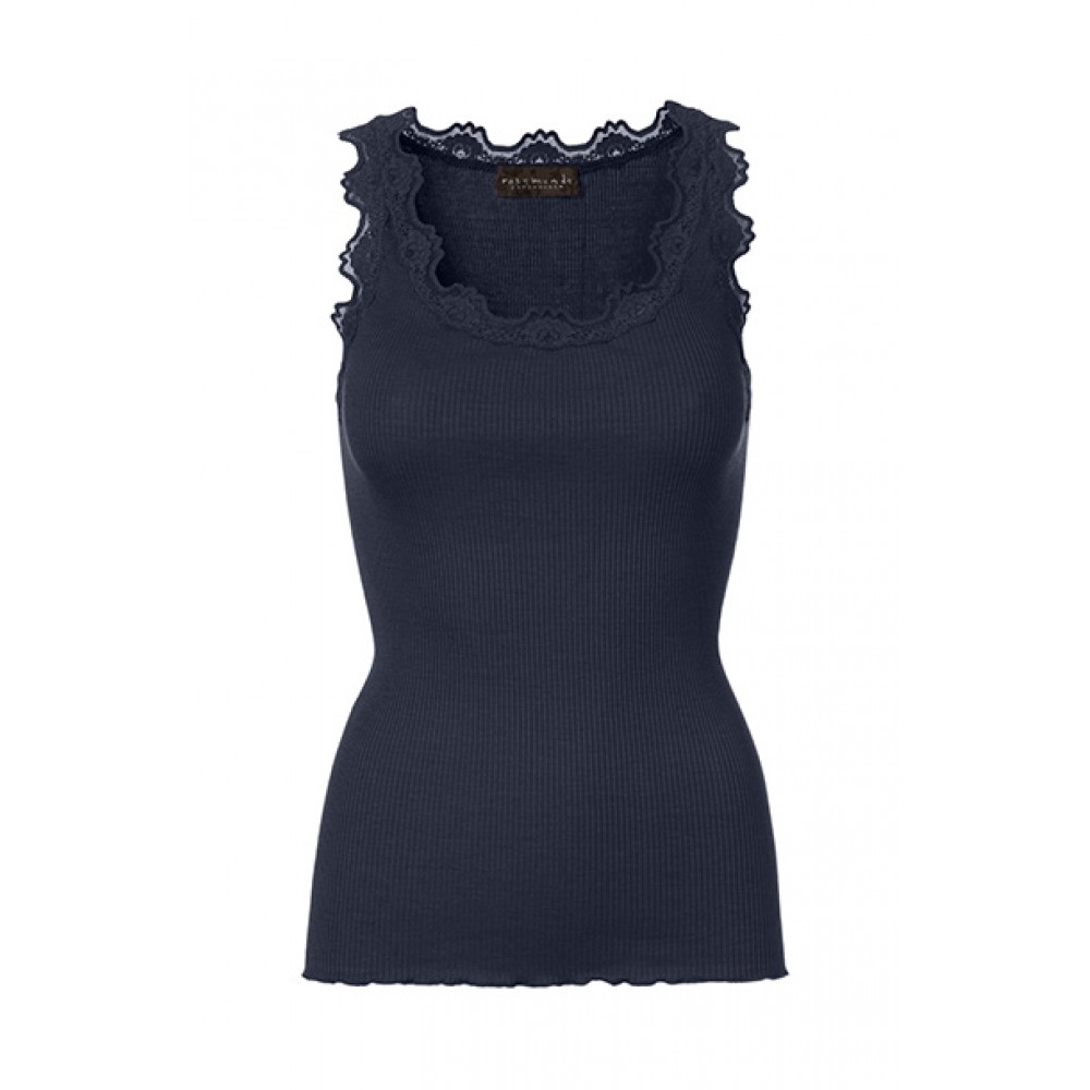 Rosemunde - Silk top regular w/vintage lace, Navy 